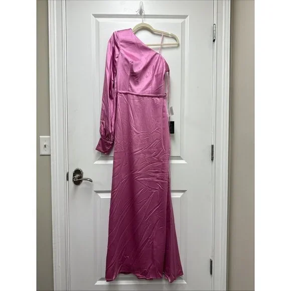 MAC DUGGAL Size 2 Pink 26712 ONE SHOULDER BISHOP SLEEVE SATIN Formal GOWN Dress